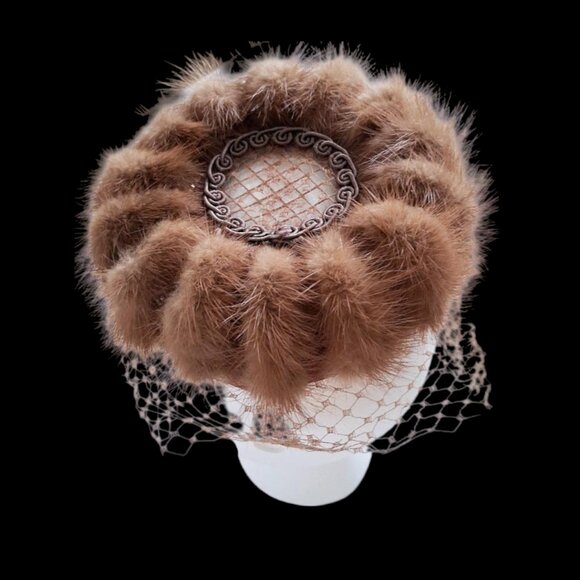 Mid-Century Vintage Beresford Netted Pillbox Hat Beige/Brown Mink - Picture 5 of 8